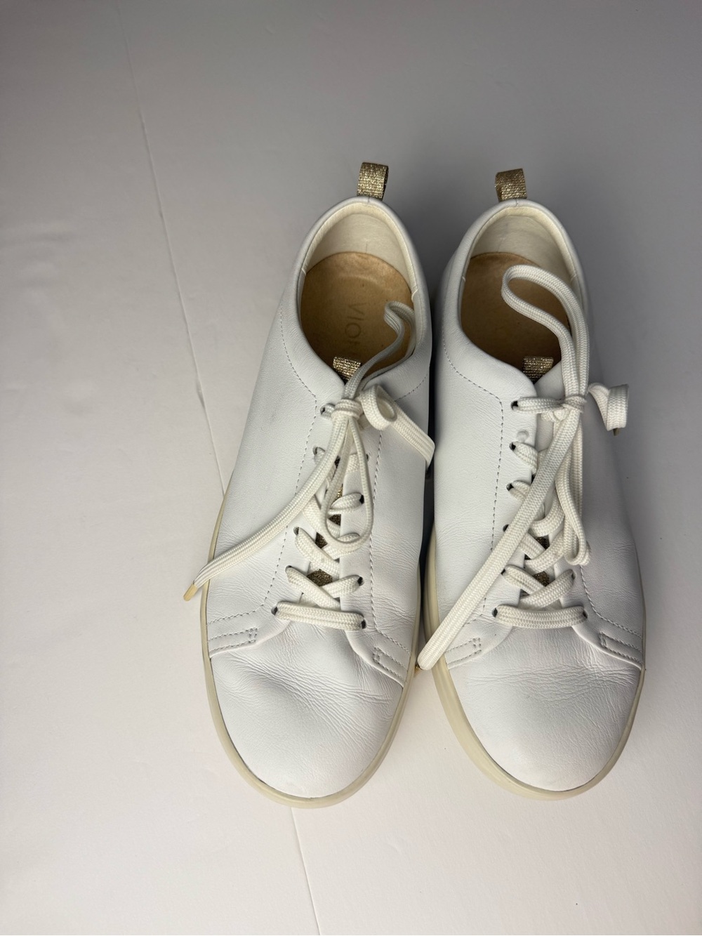 Vionic White Leather Lace-Up Sneakers with Gold Heel Tab